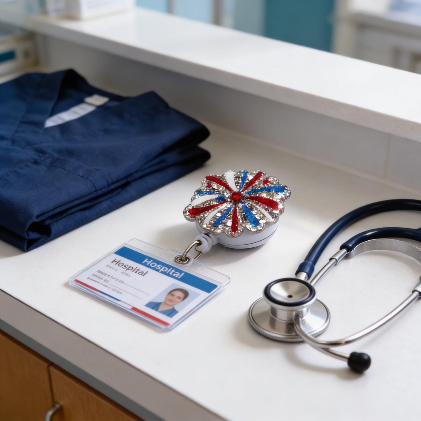 a stethoscope, a badge, and a blue medical gown on a counter.