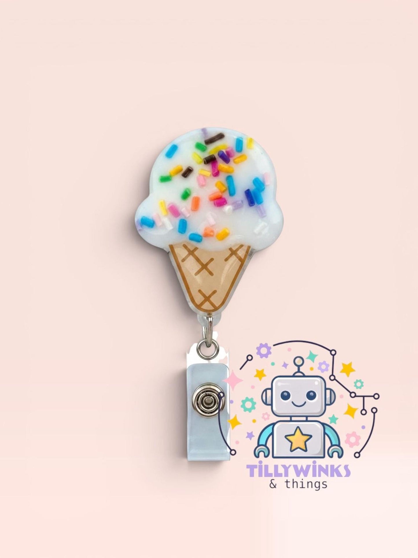 a colorful ice cream cone-shaped badge with sprinkles hanging from it, and a robot-like character with a star on its face is depicted in the background.