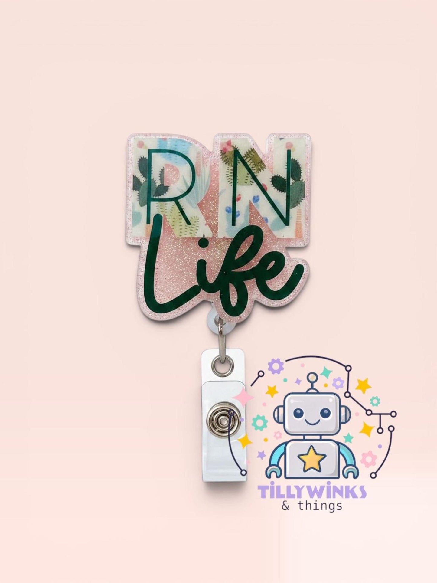 a pink and green badge with the text "RN Life" and a robot-like character, as well as a logo for "Tillywinks & things".