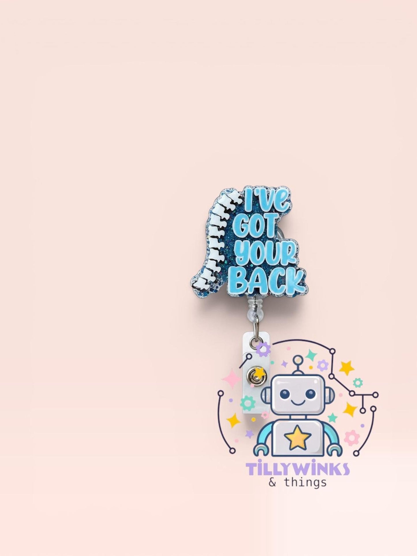 a robot with a spine-like accessory and a text-based design, along with a tagline for a brand named "Tillywinks & things".
