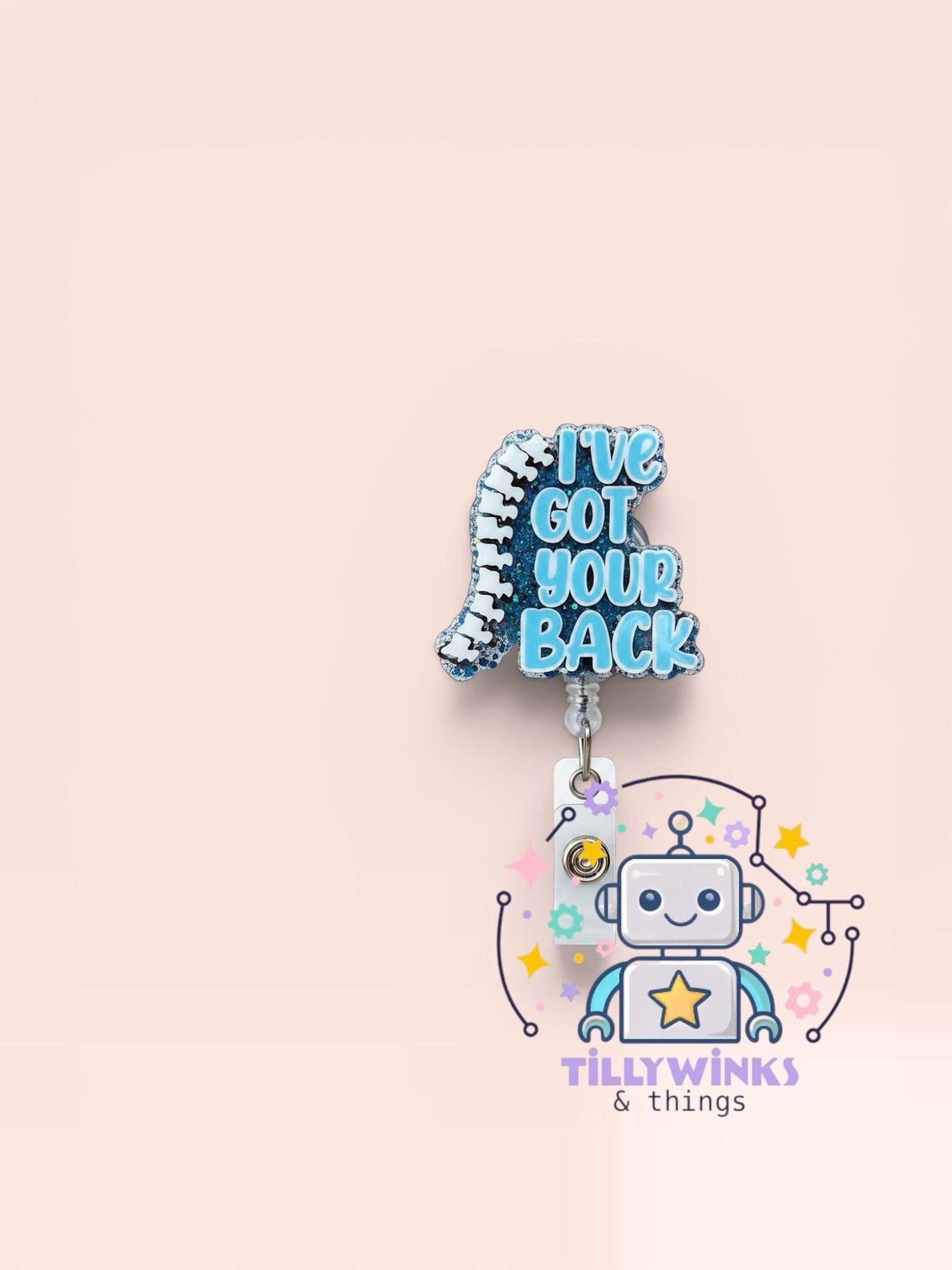 a robot with a spine-like accessory and a text-based design, along with a tagline for a brand named "Tillywinks & things".
