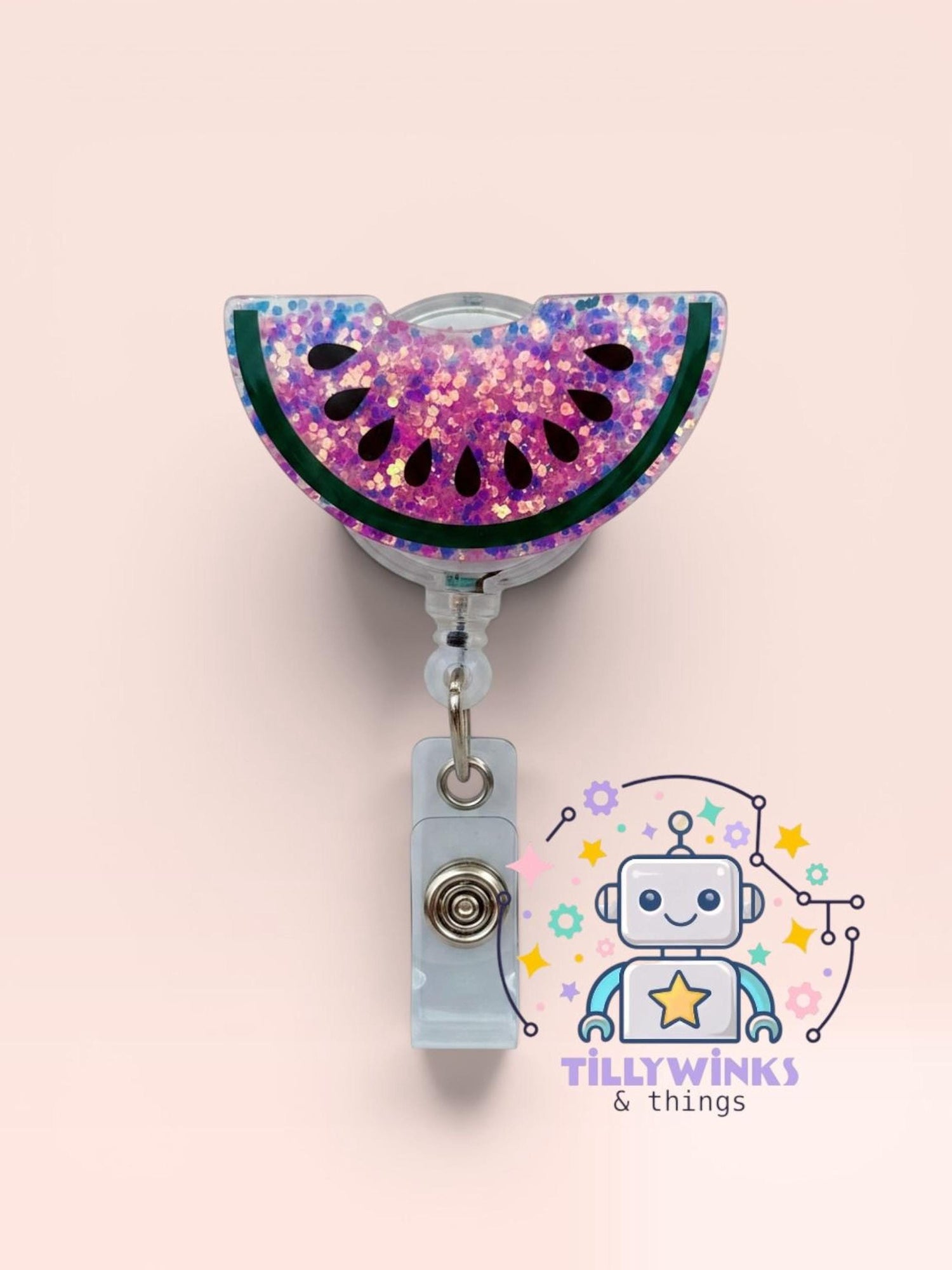 A colorful lanyard with a watermelon slice design and a robot character logo.