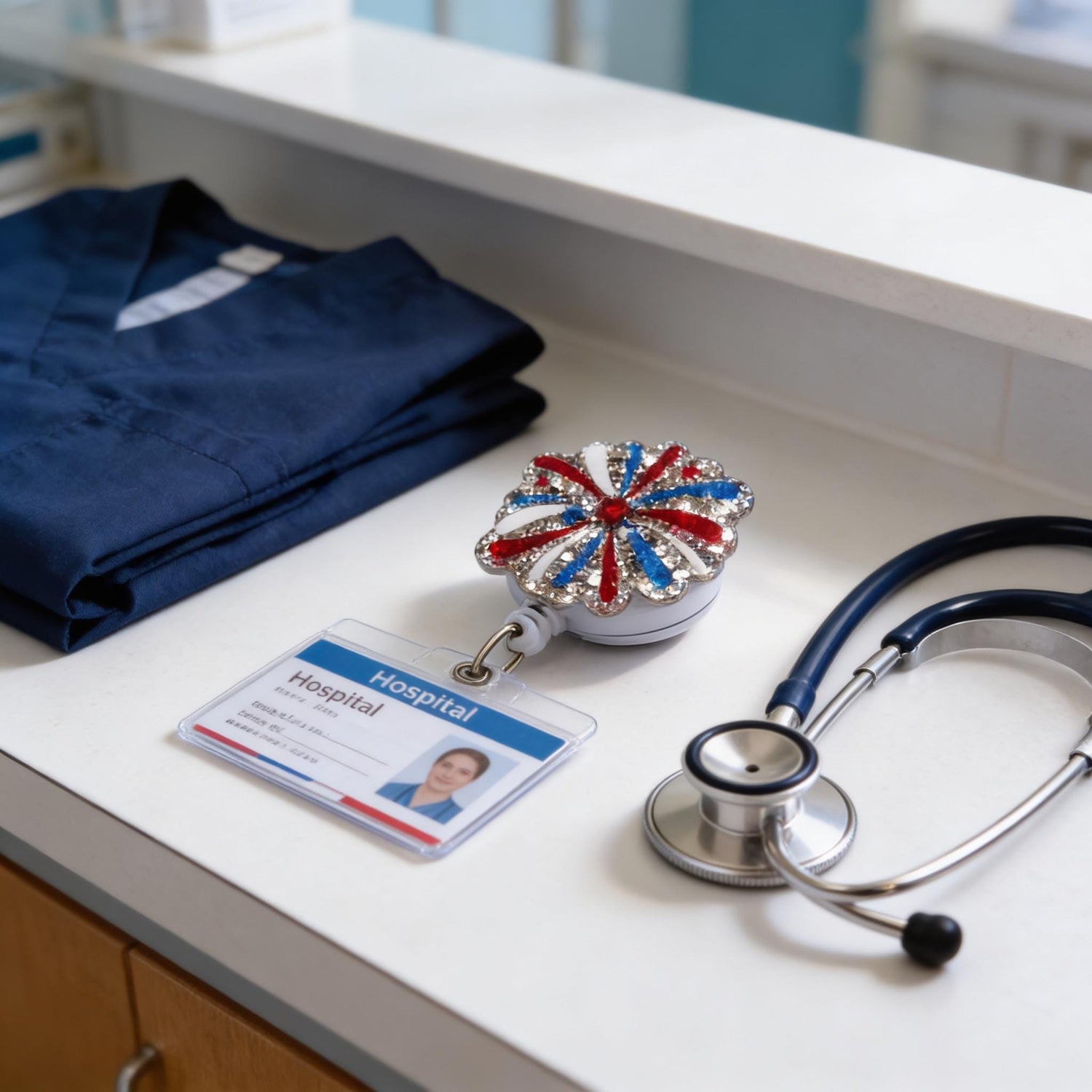 a stethoscope, a badge, and a blue medical gown on a counter.