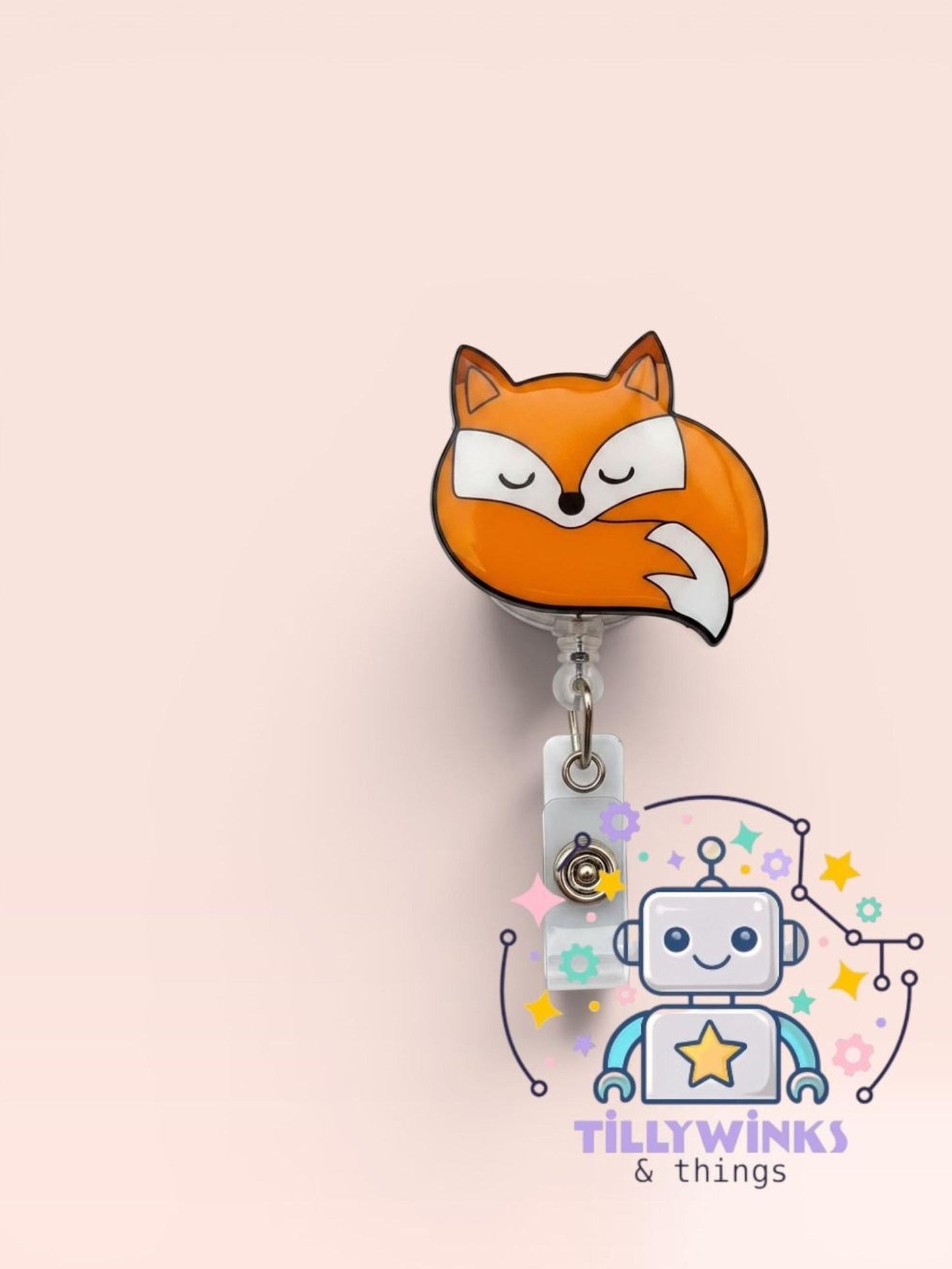 a fox-shaped badge with a smiling robot-like character, both set against a light pink background.