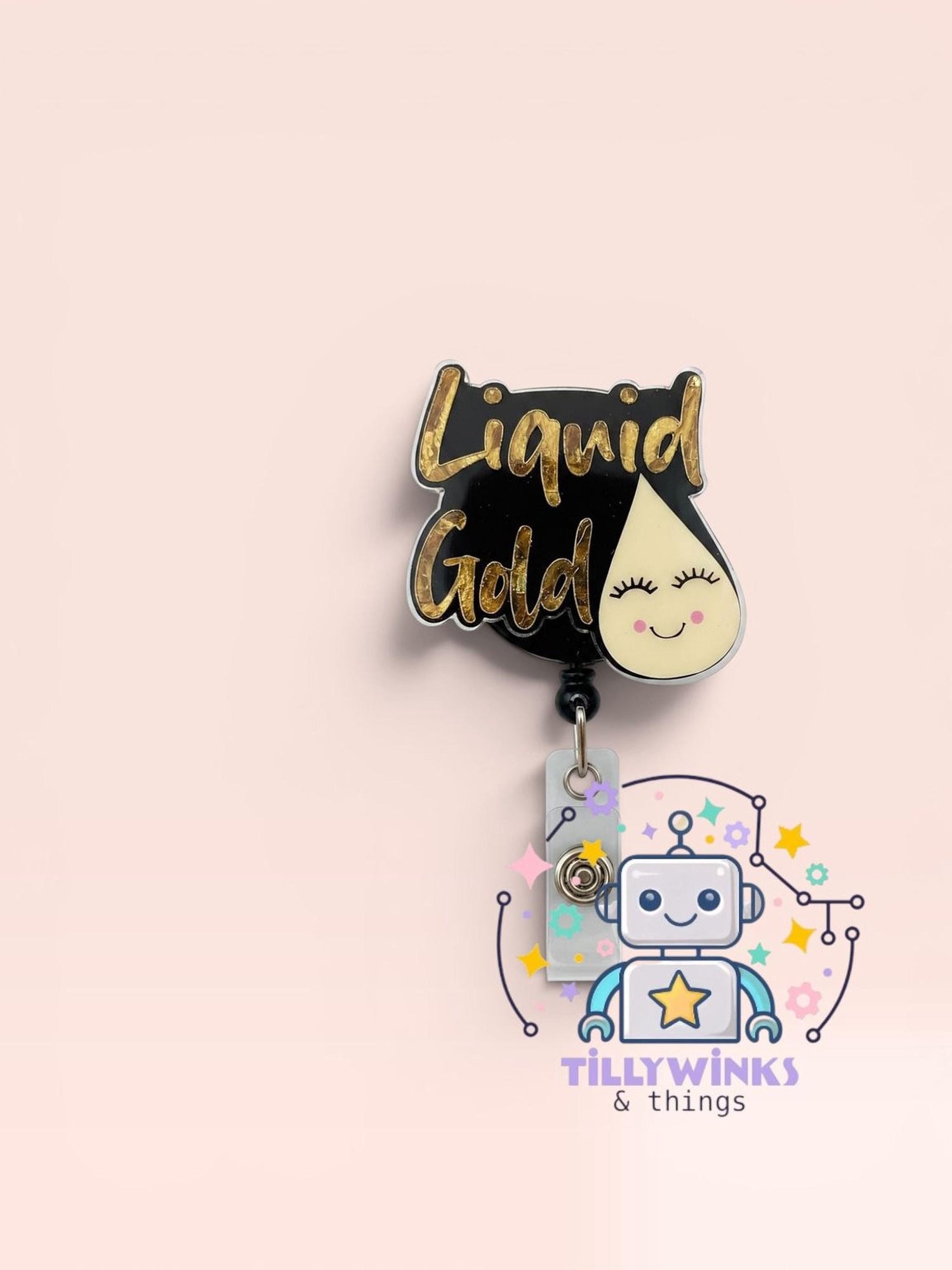 a black and gold badge with the text "Liquid Gold" and a smiling robot character, along with a colorful and whimsical logo for "Tillywinks & things".
