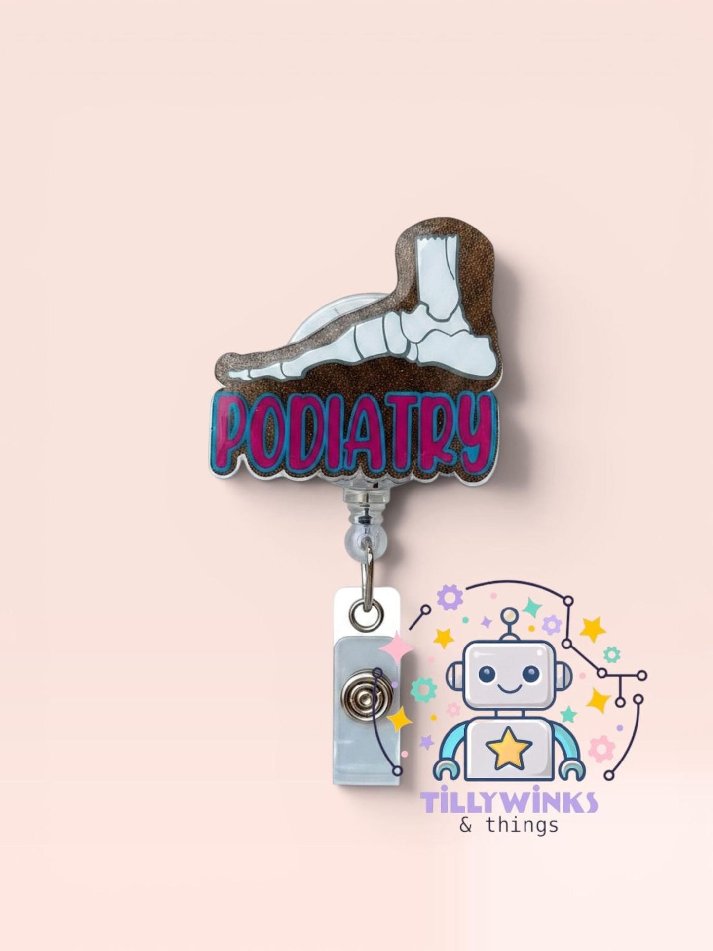 a pediatrics-themed badge with a robot and a skeleton, as well as a logo for a company called "Tillywinks & things".