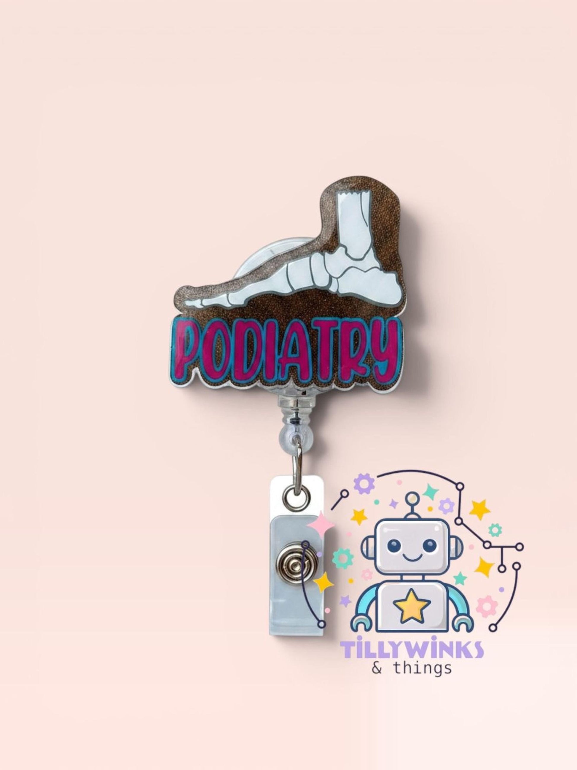 a pediatrics-themed badge with a robot and a skeleton, as well as a logo for a company called "Tillywinks & things".