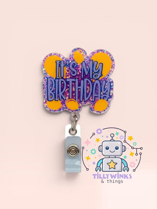 a colorful badge with the text "It's My Birthday" and a robot character, as well as a logo for "Tillywinks & things".