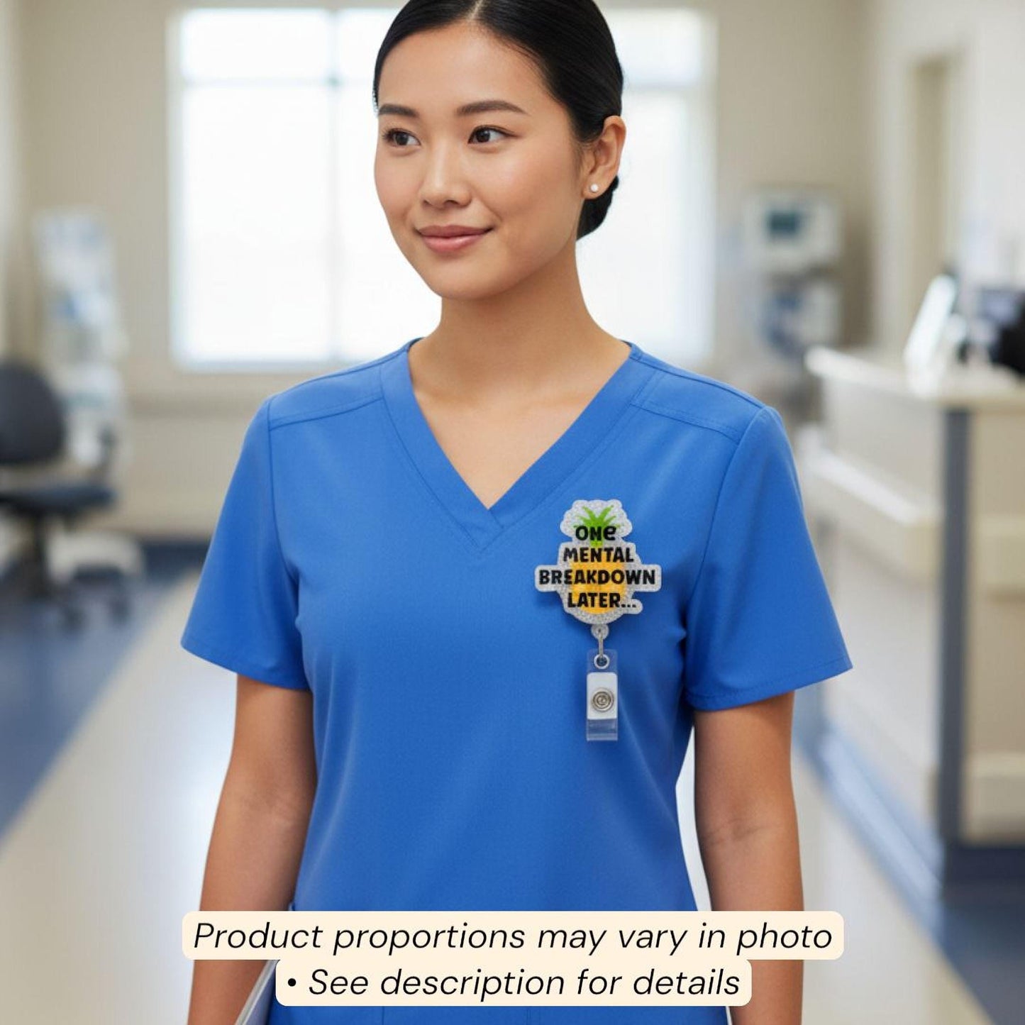 A woman wearing a blue medical uniform with a badge on the left side of her chest.