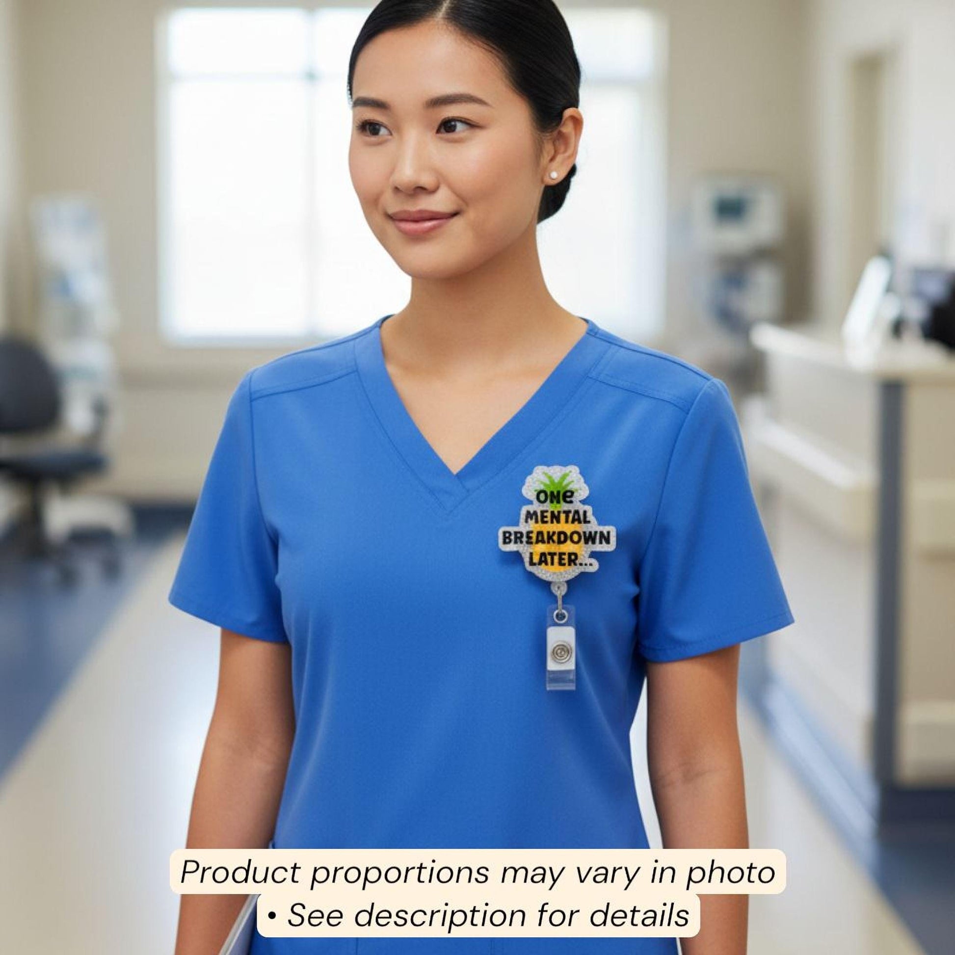 A woman wearing a blue medical uniform with a badge on the left side of her chest.