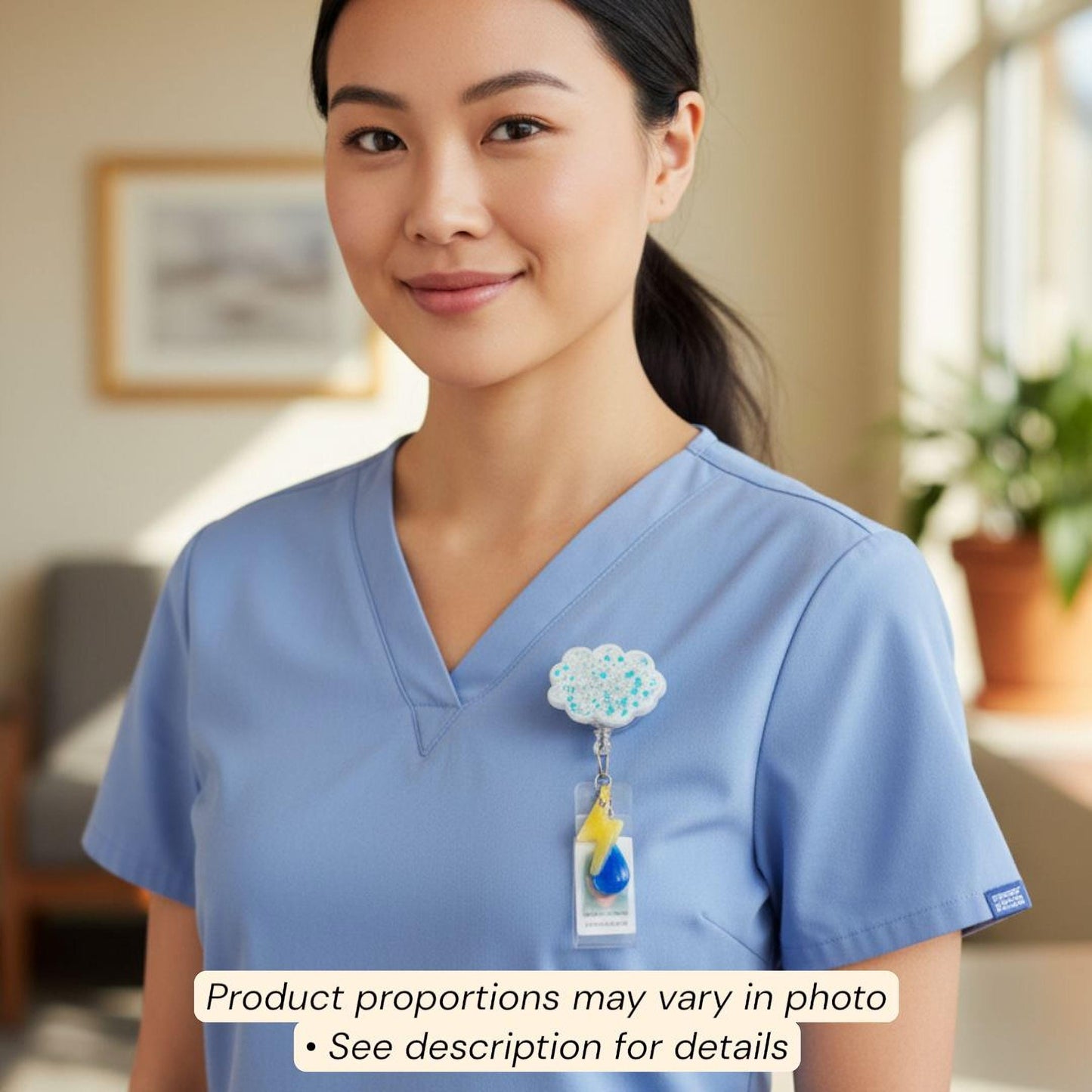 A woman wearing a blue medical uniform with a cloud-shaped badge on her left side.