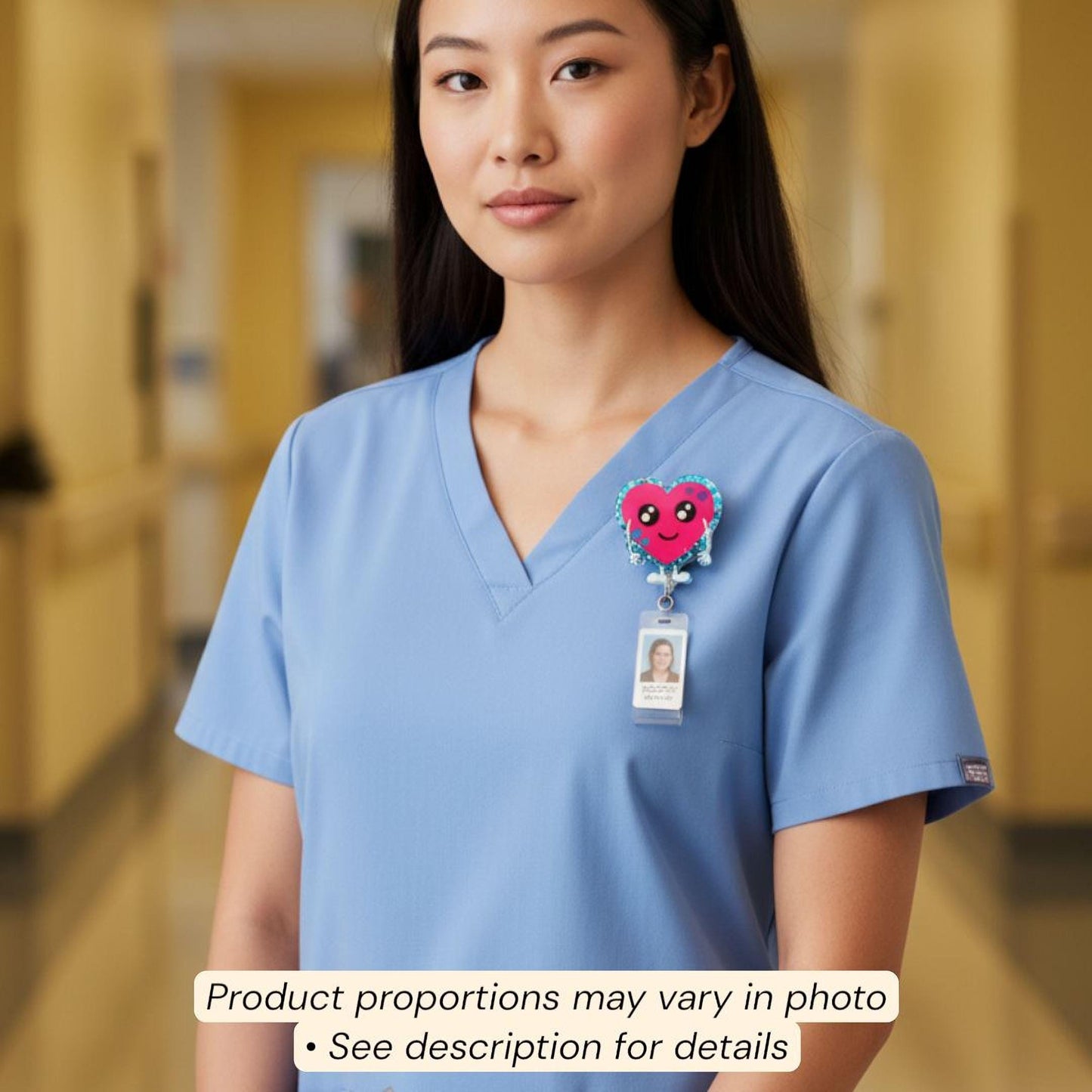 A woman wearing a blue medical uniform with a heart-shaped badge on her left side.